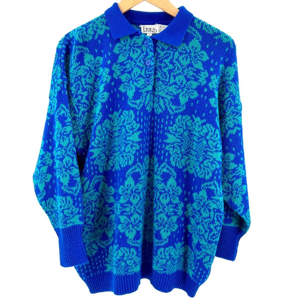 Vintage 90s Erika Cobalt Blue Floral Print Collared Oversized Sweater